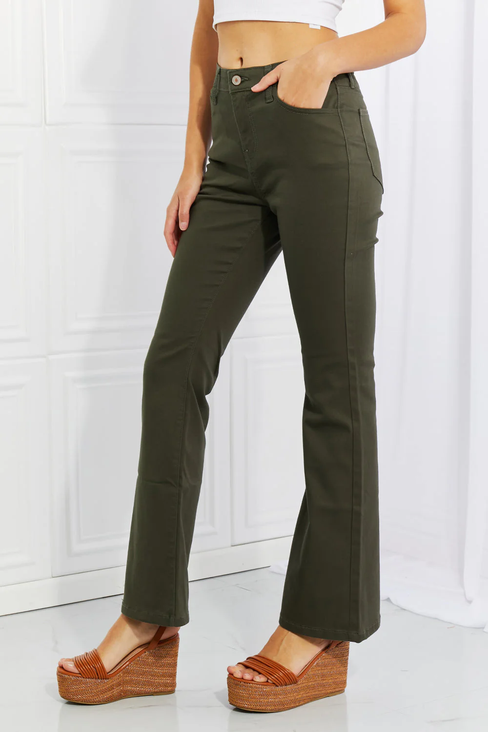 Zenana Clementine Full Size High-Rise Bootcut Jeans in Dark Olive - Image 3