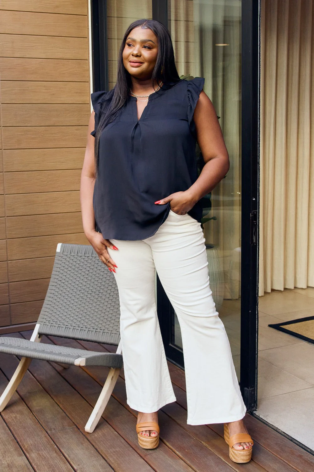 Zenana Full Size Ruffle Shoulder Notched Neck Blouse - Image 9