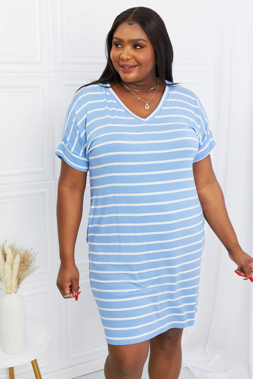 Zenana Full Size Striped V-Neck Pocket Dress in Spring Blue - Image 6