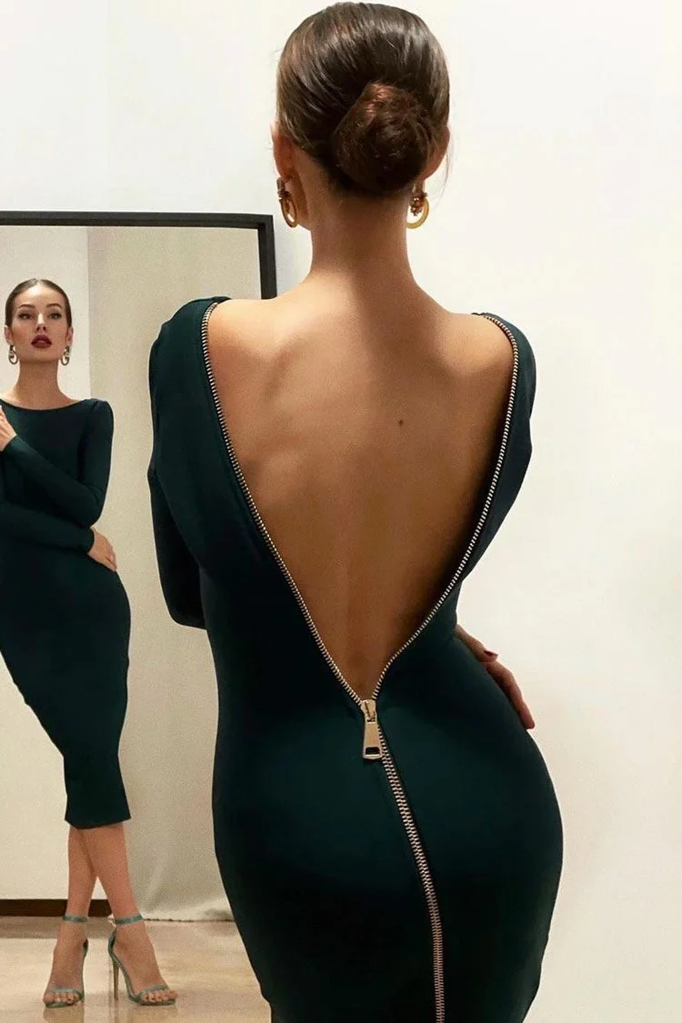 Zip Back Deep V Long Sleeve Cocktail Party Midi Dress - Emerald Green - Image 2