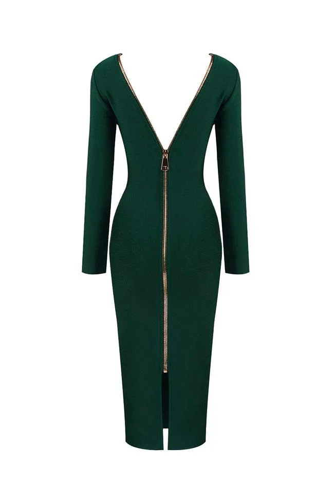 Zip Back Deep V Long Sleeve Cocktail Party Midi Dress - Emerald Green - Image 4