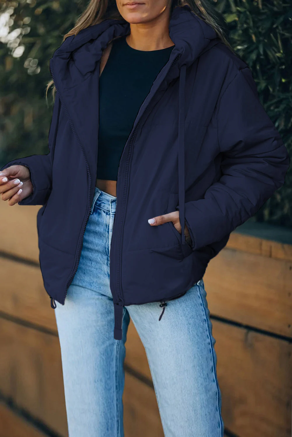 Zipper Hooded Coat With Pocket - Image 3
