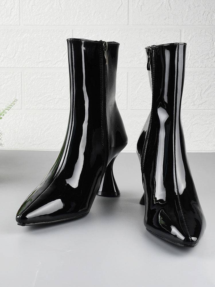 Zipper Pointed Toe Pyramid Heeled Boots - Image 12