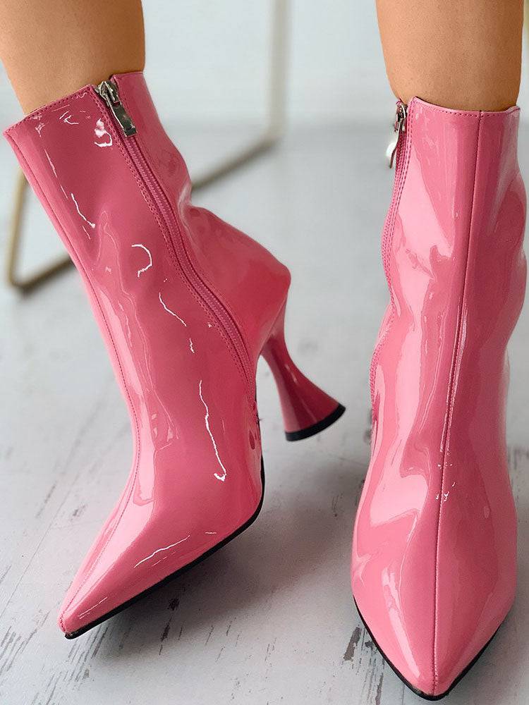 Zipper Pointed Toe Pyramid Heeled Boots - Image 2